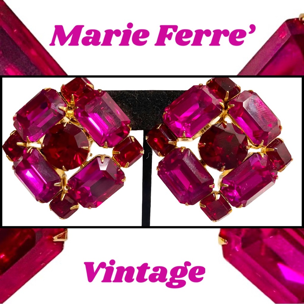 MARIE FERRE’ French Vintage Earrings Clip Fuchsia Red Crystal Large Statement